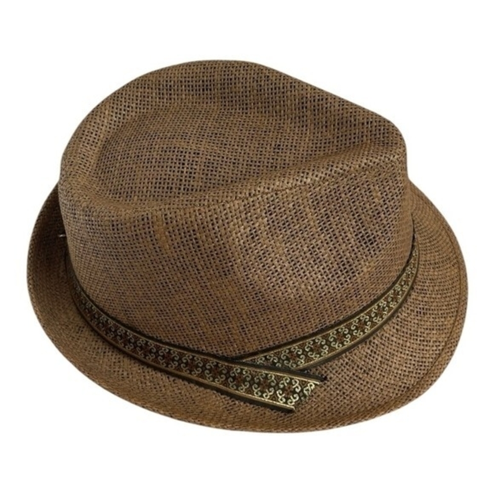Mens Tan Brown Gold Banded 100% Straw Short Brim Fedora Hat Sz 62cm Barely Worn - Picture 4 of 7